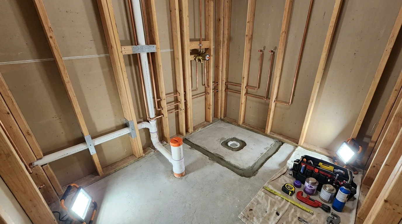 Bathroom rough-in plumbing during remodel by Johns Plumbing LLC in Watchung