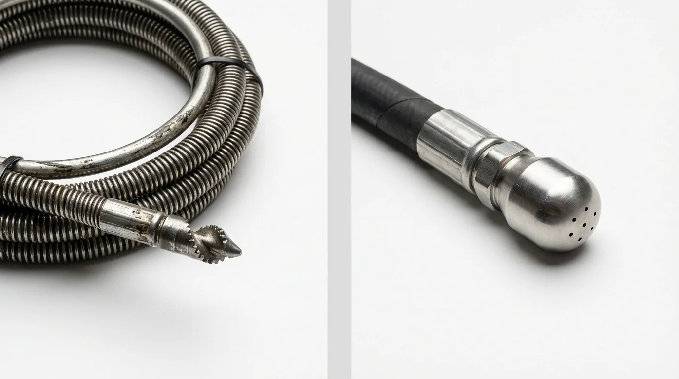 Drain snake cable and hydro jetting nozzle used for drain cleaning in Watchung, NJ