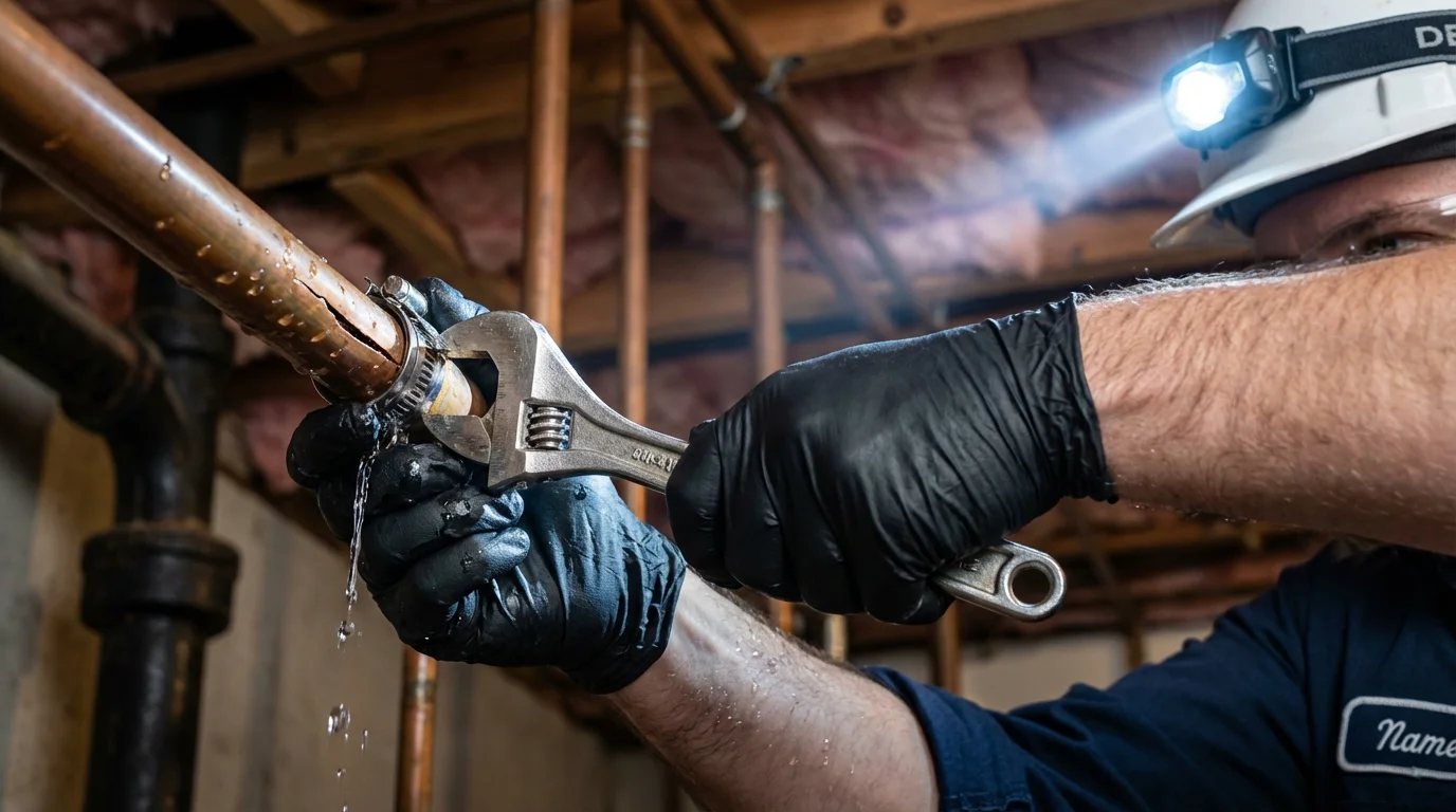 Emergency pipe clamp repair being performed by a Johns Plumbing LLC plumber in Watchung