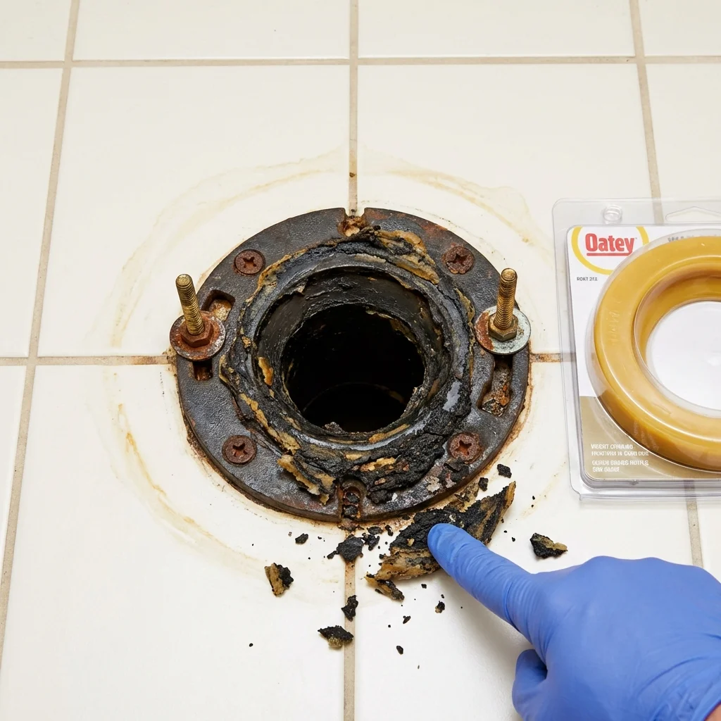 Failed wax ring showing water seepage at the base of a toilet in a Watchung, NJ home