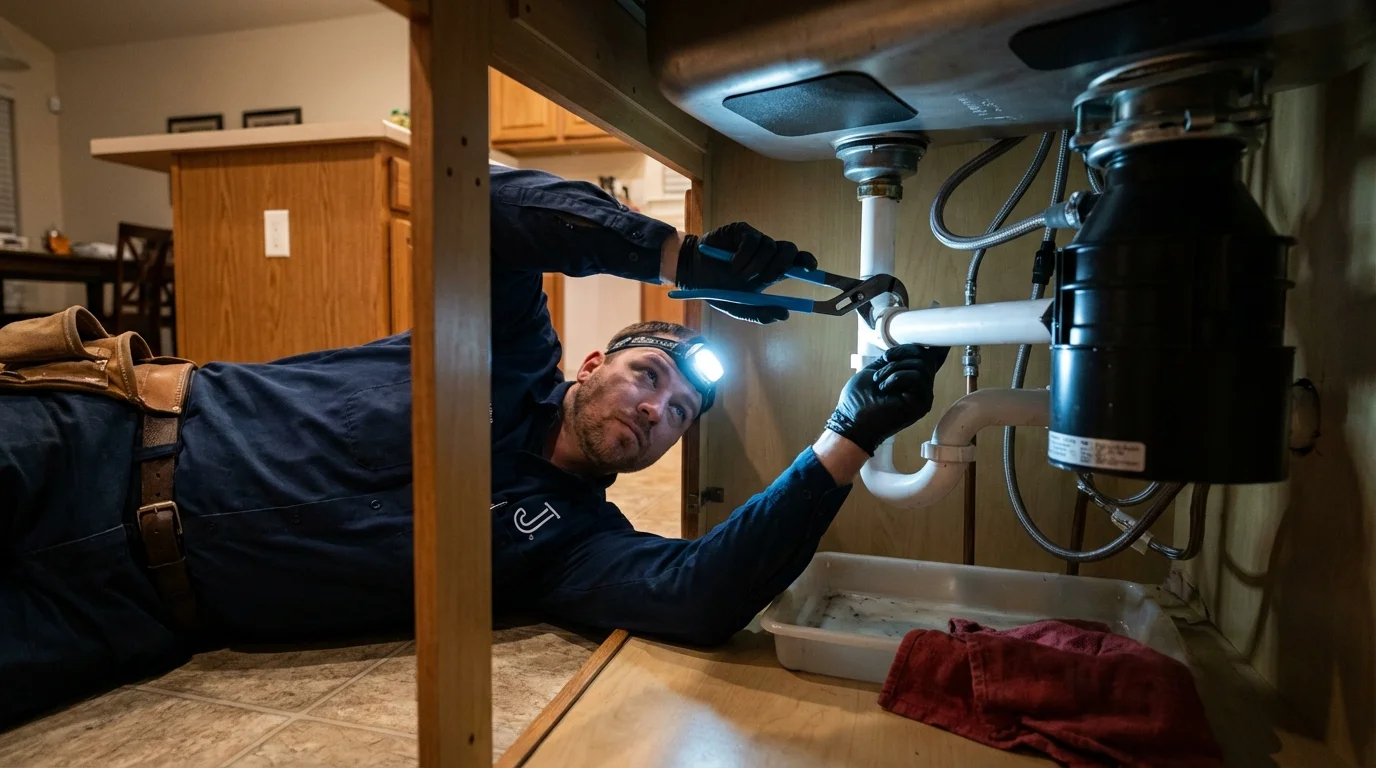 P-trap and supply line connections under a kitchen sink showing a common leak point in Watchung, NJ